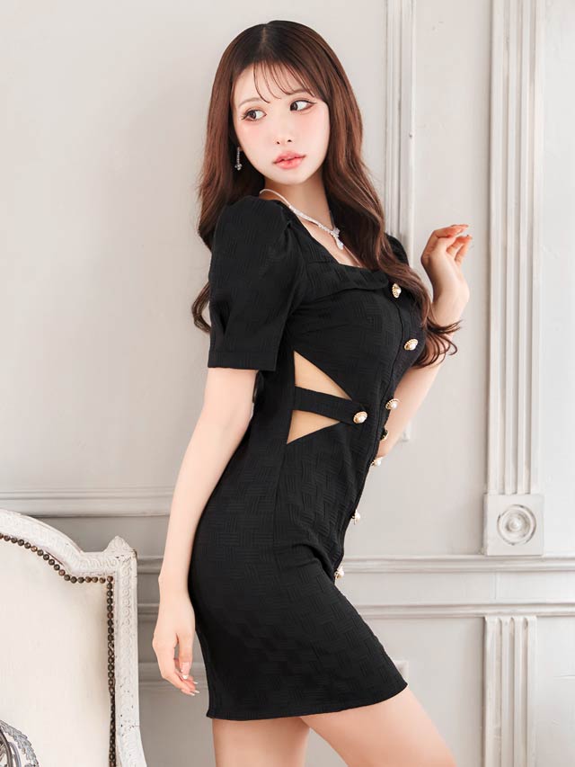 6/11新作!パールビジューサイドシアーベルトモチーフパフスリーブタイトミニドレス[SML/3サイズ展開][伊藤桃々着用]