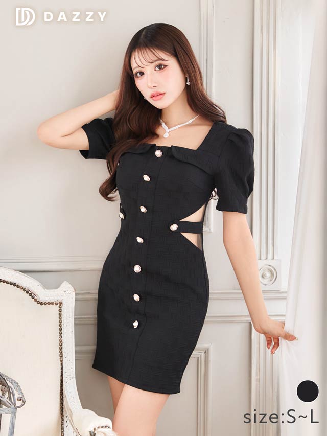 6/11新作!パールビジューサイドシアーベルトモチーフパフスリーブタイトミニドレス[SML/3サイズ展開][伊藤桃々着用]