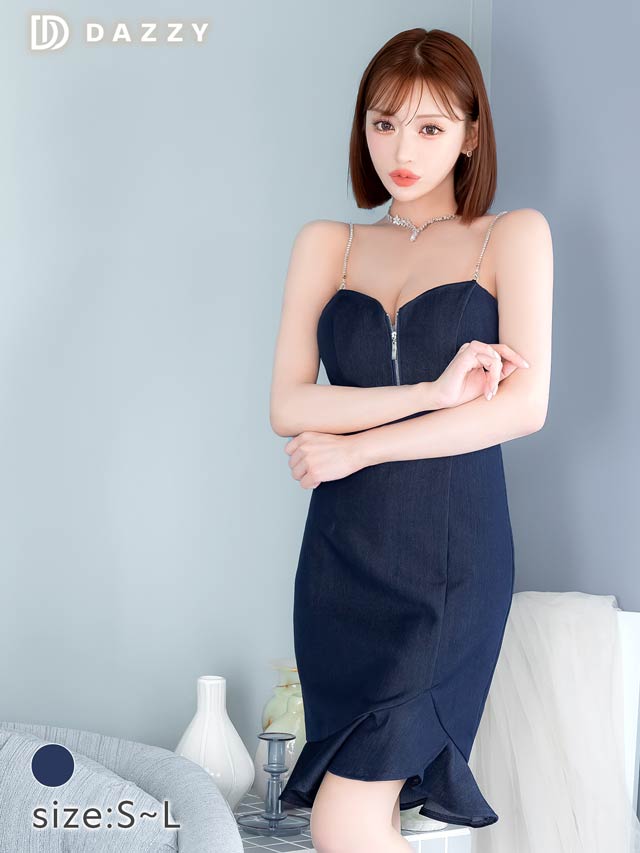 5/14新作!ビジューチェーンデニムフロントジップマーメイド膝丈ドレス[SML/3サイズ展開][明日花キララ着用]