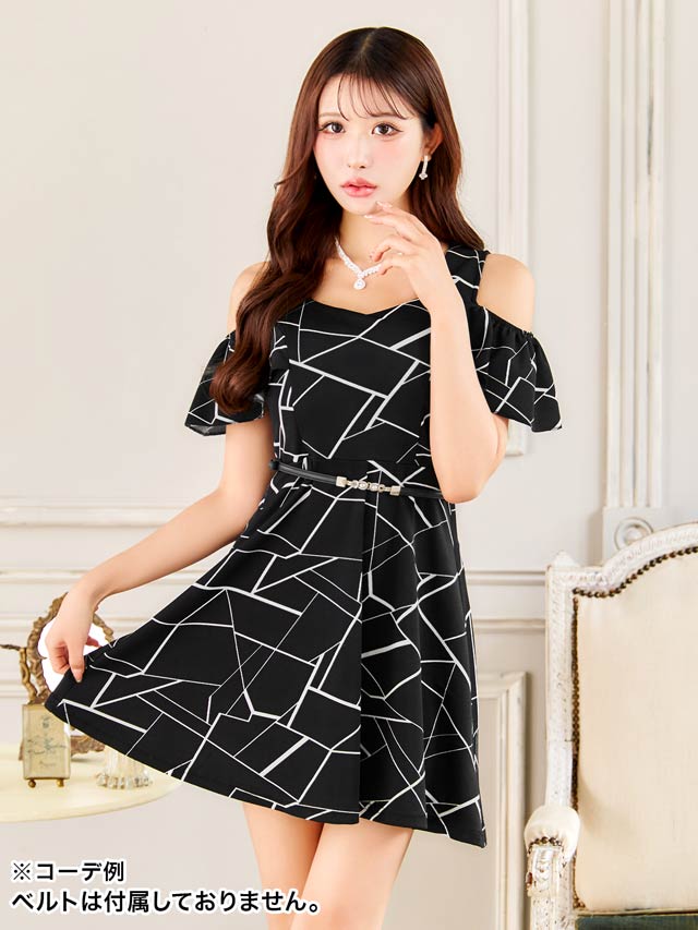 6/23新作!ジオメトリックオープンショルダーAラインミニドレス[S~LL/4サイズ展開][伊藤桃々着用]