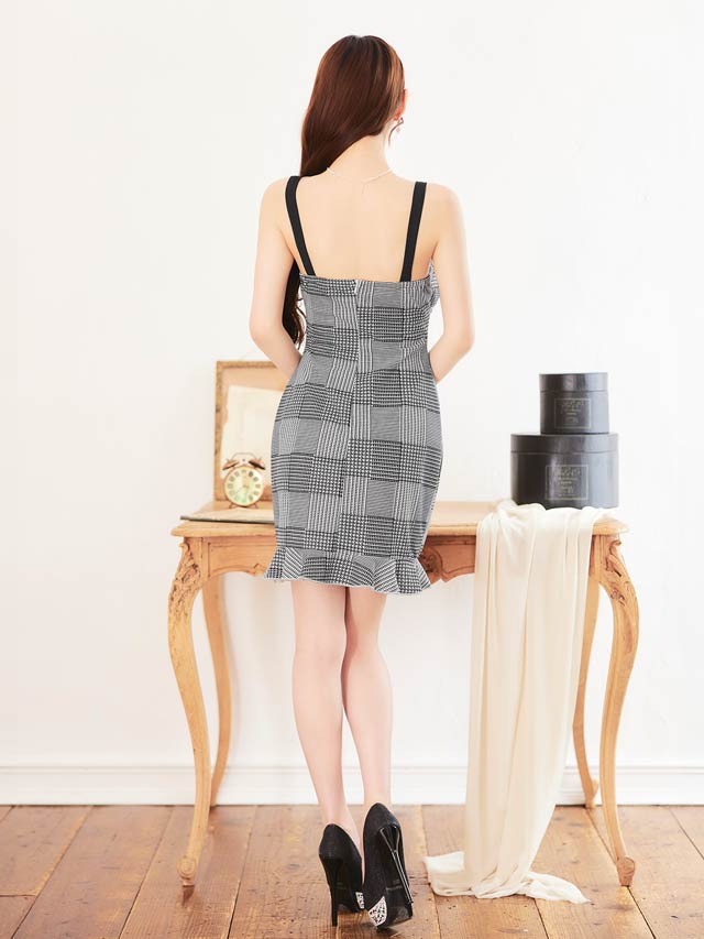 6/18新作!グレンチェックキャミソールリボンフリルマーメイドミニドレス[XS~L/4サイズ展開][プチプラドレス]