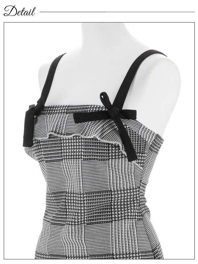 6/18新作!グレンチェックキャミソールリボンフリルマーメイドミニドレス[XS~L/4サイズ展開][プチプラドレス]