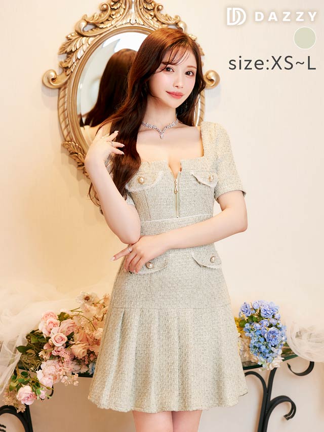 ラグジュアリーツイードジッププリーツ半袖Ａラインミニドレス[XS〜L/4サイズ展開]