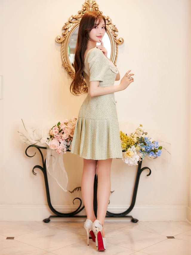 ラグジュアリーツイードジッププリーツ半袖Ａラインミニドレス[XS〜L/4サイズ展開]