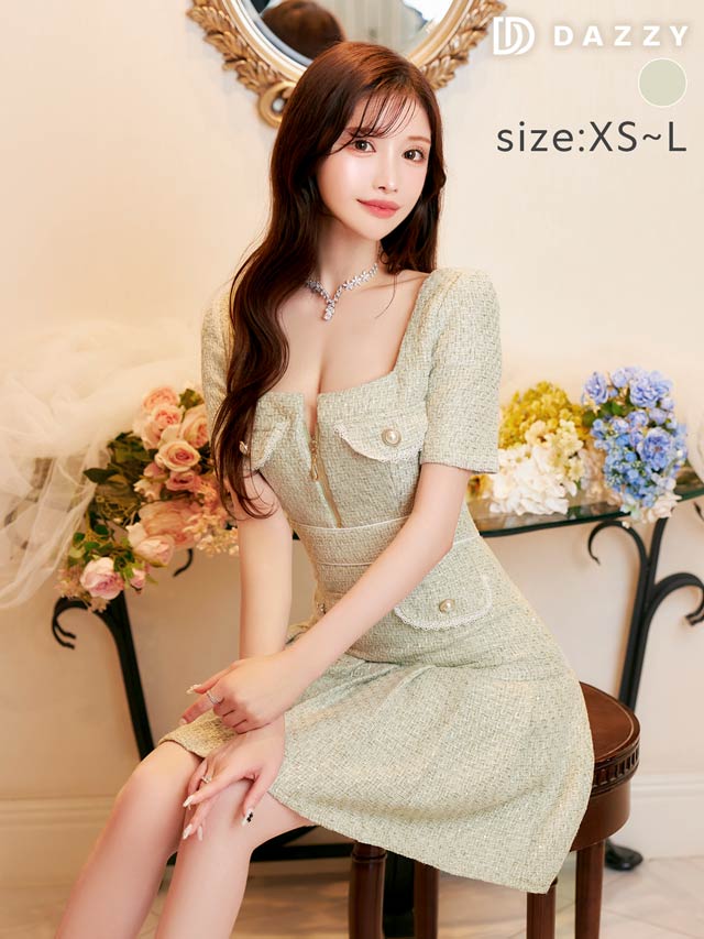 ラグジュアリーツイードジッププリーツ半袖Ａラインミニドレス[XS〜L/4サイズ展開]