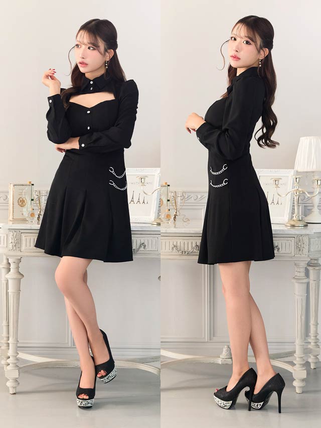 襟付きホールサイドチェーンプリーツ長袖Ａラインミニドレス[SML/3サイズ展開][伊藤桃々着用]