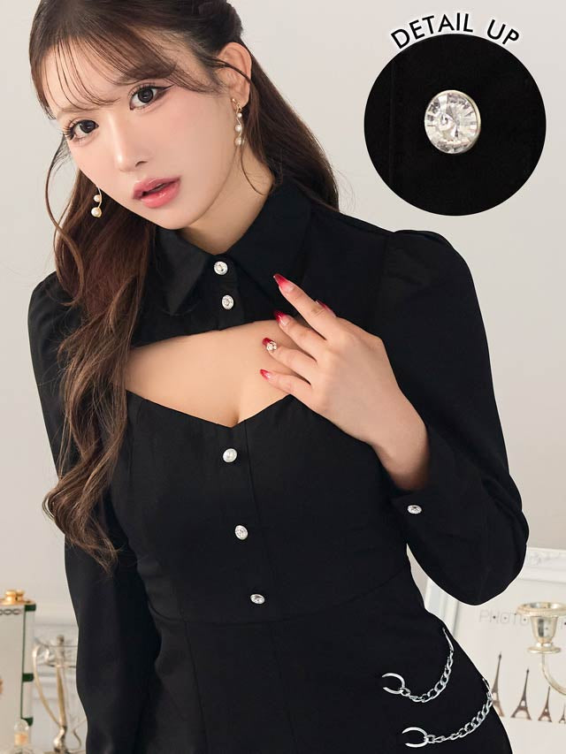 襟付きホールサイドチェーンプリーツ長袖Ａラインミニドレス[SML/3サイズ展開][伊藤桃々着用]