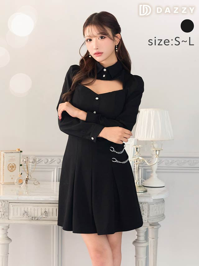 襟付きホールサイドチェーンプリーツ長袖Ａラインミニドレス[SML/3サイズ展開][伊藤桃々着用]