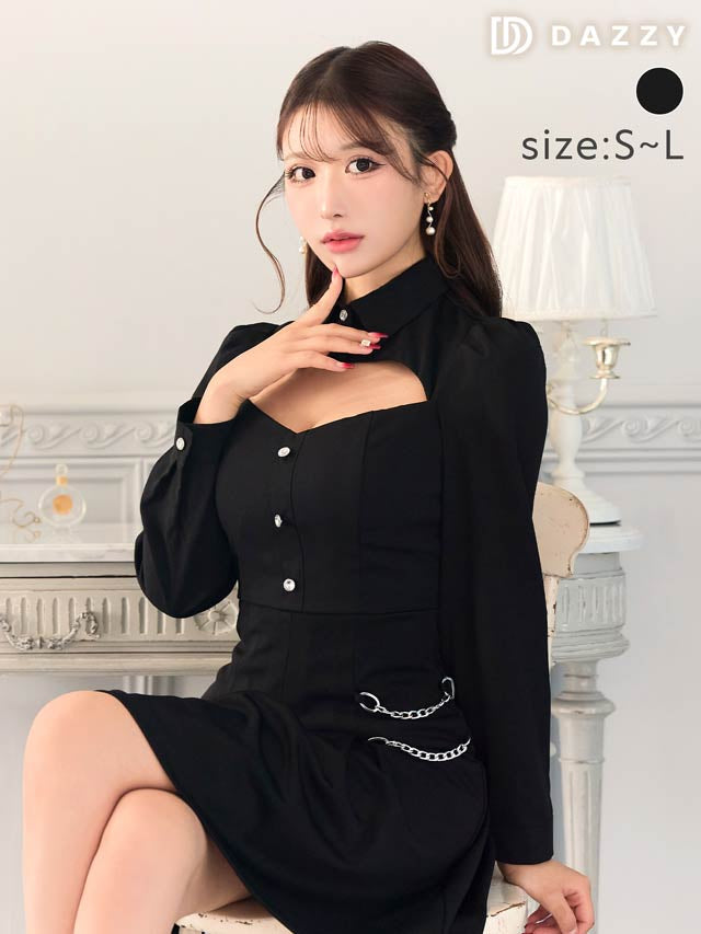 襟付きホールサイドチェーンプリーツ長袖Ａラインミニドレス[SML/3サイズ展開][伊藤桃々着用]