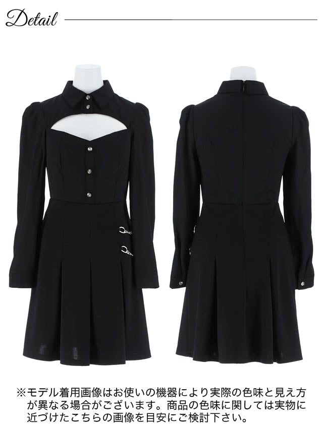 襟付きホールサイドチェーンプリーツ長袖Ａラインミニドレス[SML/3サイズ展開][伊藤桃々着用]