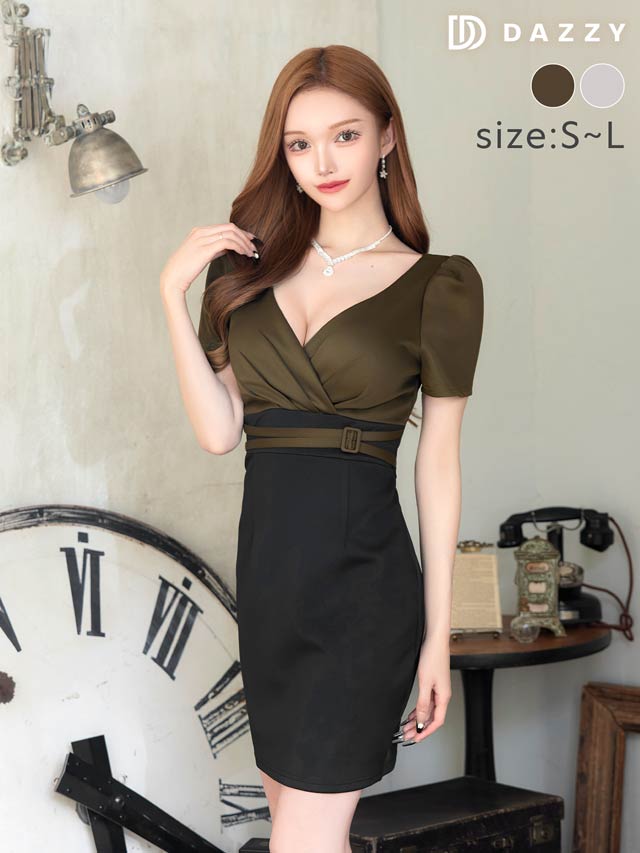 カシュクールダブルベルトモチーフ半袖タイトミニドレス[SML/3サイズ展開][プチプラドレス]