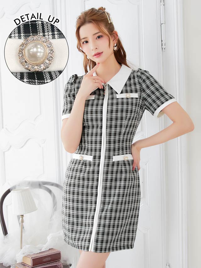 襟付きタータンチェックフルジップ半袖タイトミニドレス[SML/3サイズ展開]