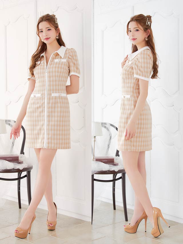 襟付きタータンチェックフルジップ半袖タイトミニドレス[SML/3サイズ展開]