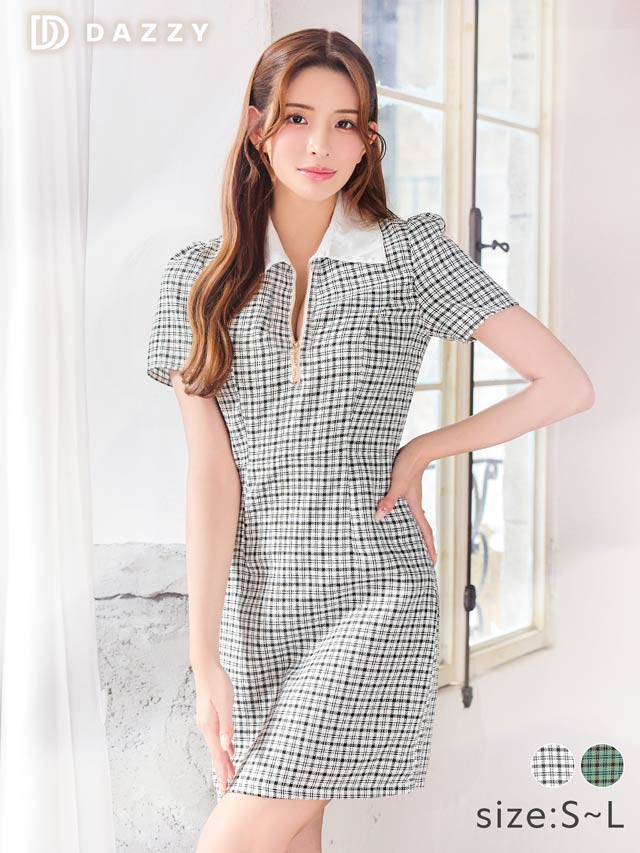 襟付きツイードチェックフロントジップ半袖タイトミニドレス[SML/3サイズ展開]