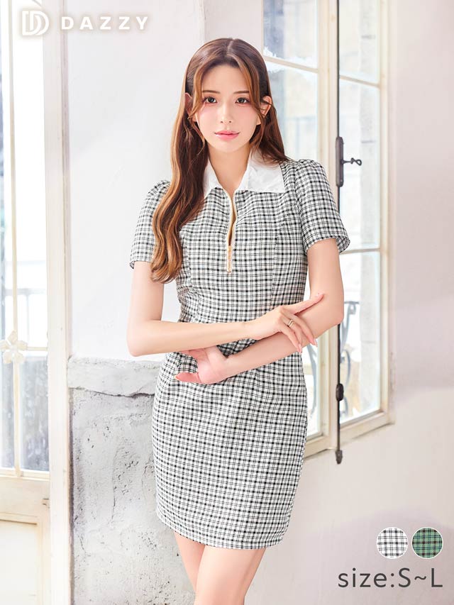 襟付きツイードチェックフロントジップ半袖タイトミニドレス[SML/3サイズ展開]