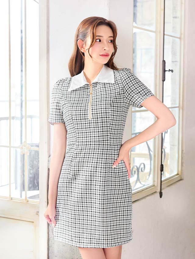襟付きツイードチェックフロントジップ半袖タイトミニドレス[SML/3サイズ展開]