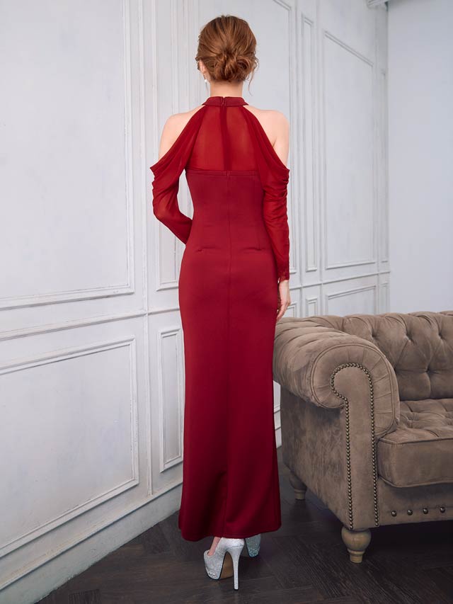 5/23新作!ギャザーホルターネックオープンショルダースリットタイトロングドレス[SML/3サイズ展開]