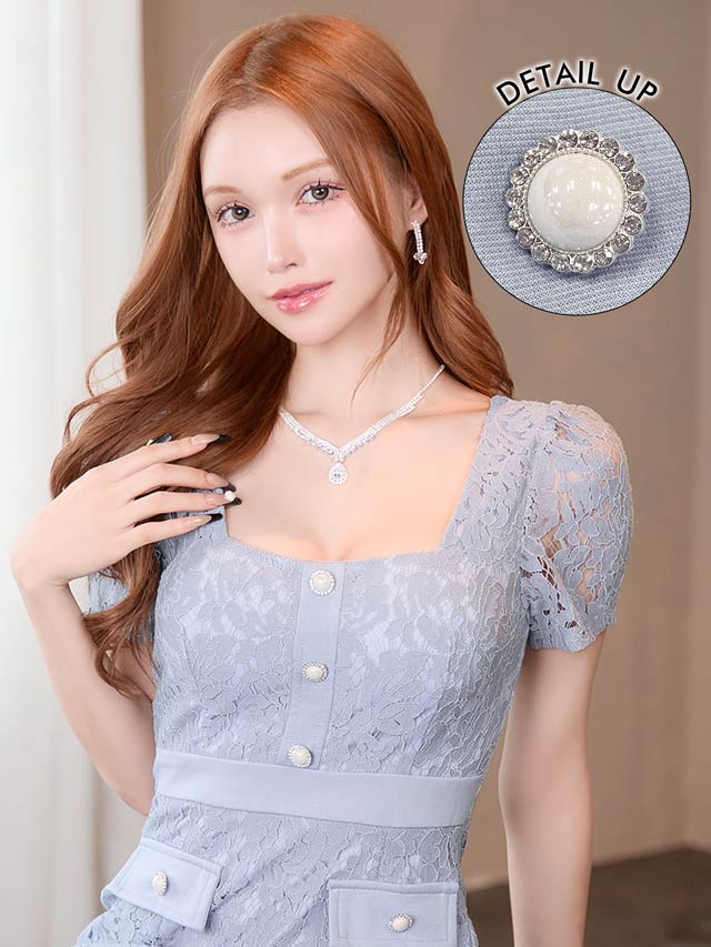 スクエアネック総レースパールビジューボタン半袖タイトミニドレス[SML/3サイズ展開]