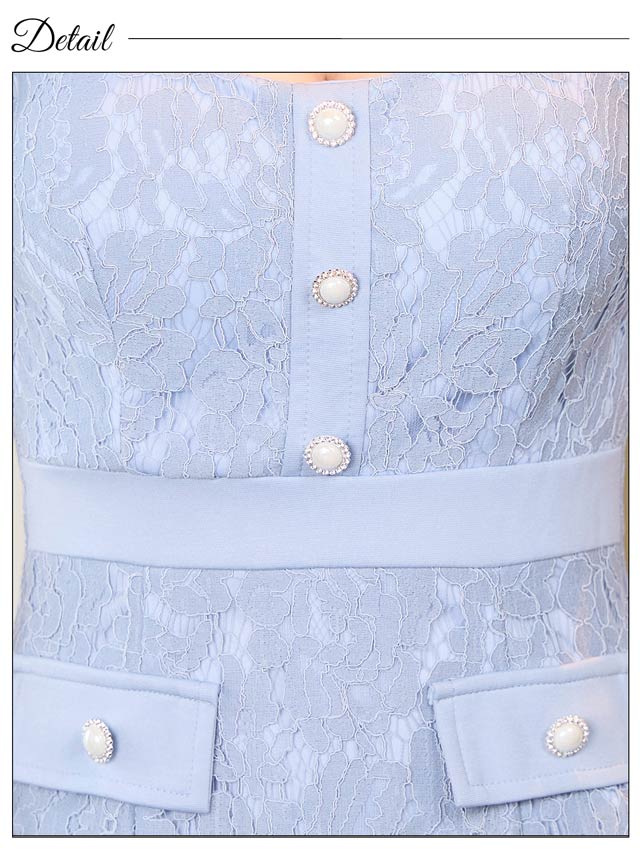 スクエアネック総レースパールビジューボタン半袖タイトミニドレス[SML/3サイズ展開]