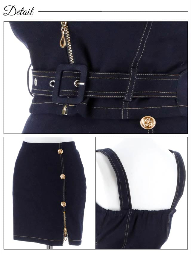 ジップデニムサイドボタンベルトモチーフタイトミニセットアップ[SML/3サイズ展開]