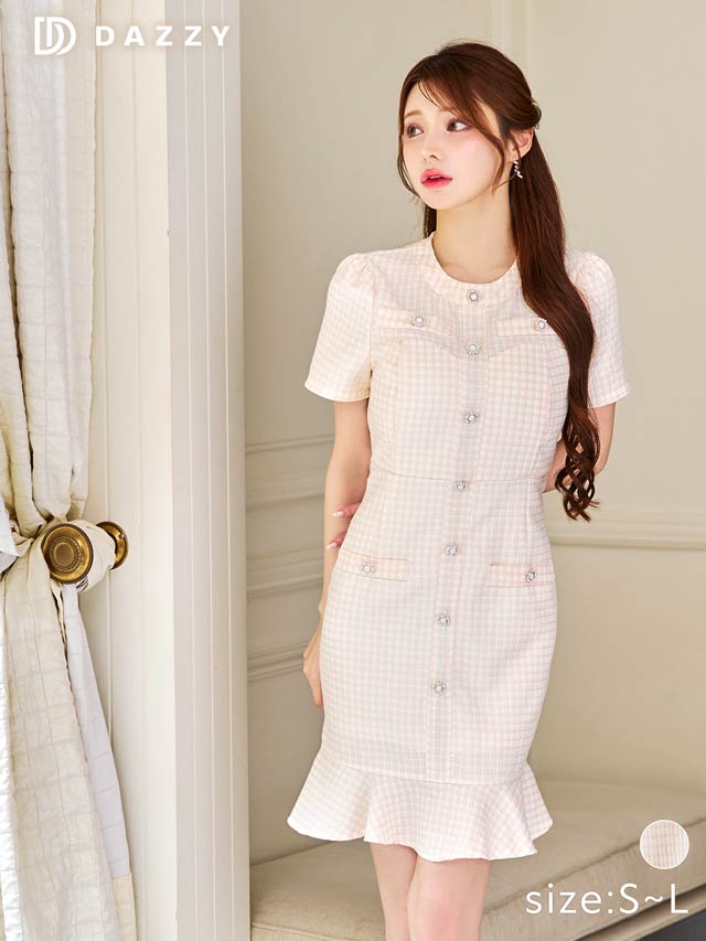 パールビジューボタンチェックツイード半袖マーメイドミニドレス[SML/3サイズ展開]