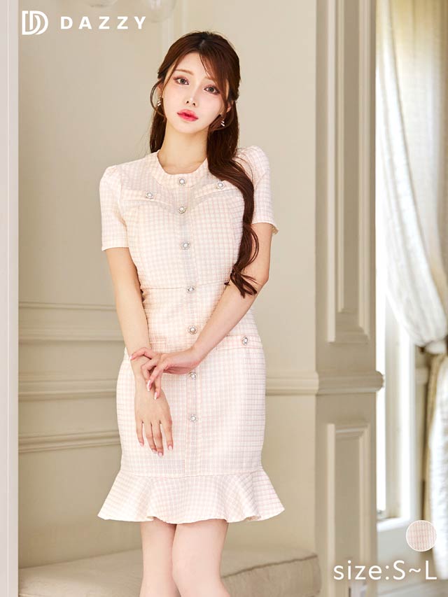 パールビジューボタンチェックツイード半袖マーメイドミニドレス[SML/3サイズ展開]