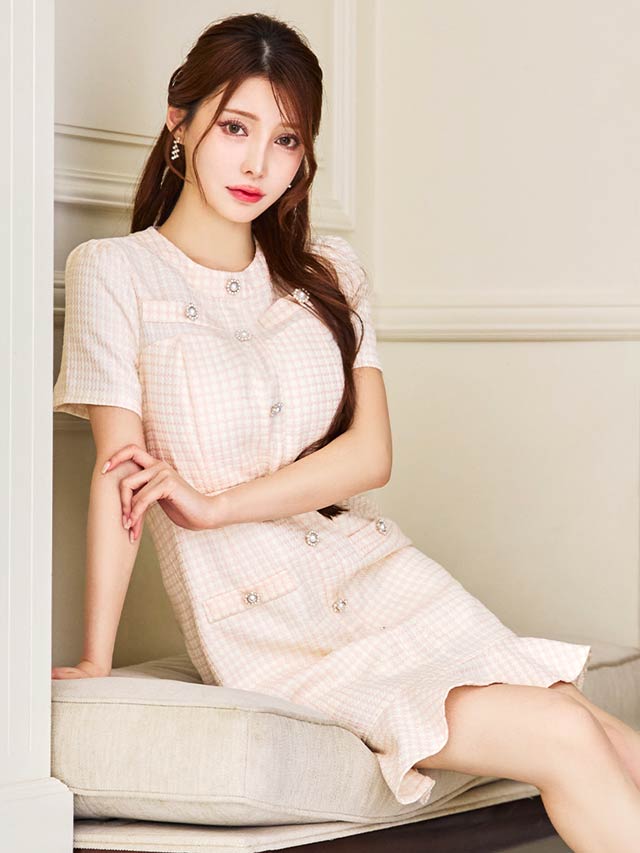 パールビジューボタンチェックツイード半袖マーメイドミニドレス[SML/3サイズ展開]