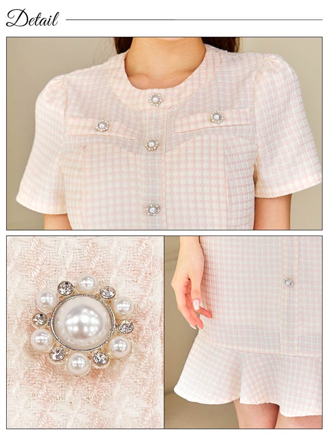 パールビジューボタンチェックツイード半袖マーメイドミニドレス[SML/3サイズ展開]