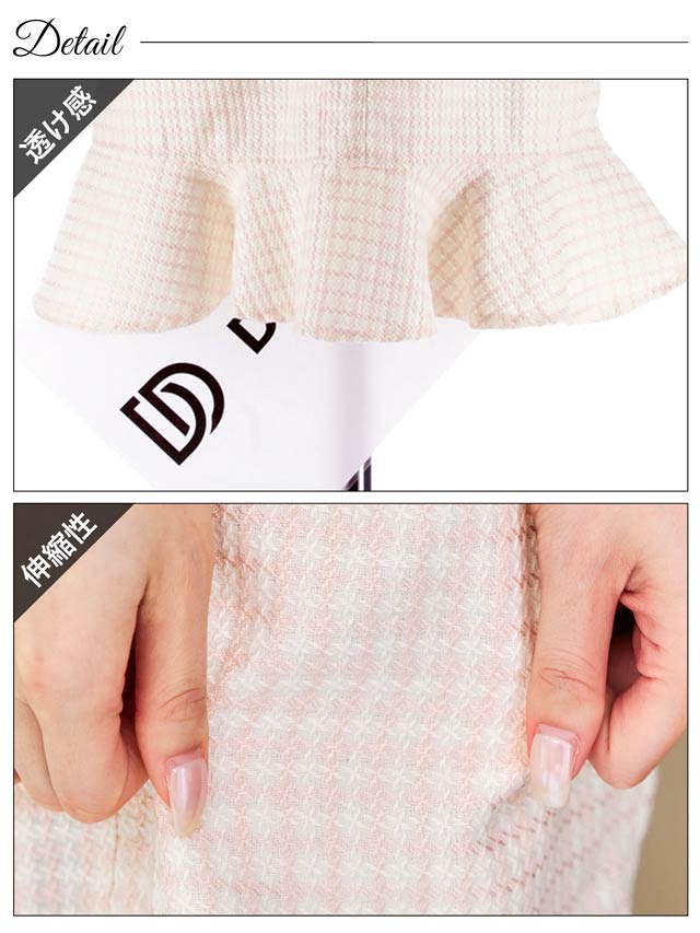 パールビジューボタンチェックツイード半袖マーメイドミニドレス[SML/3サイズ展開]