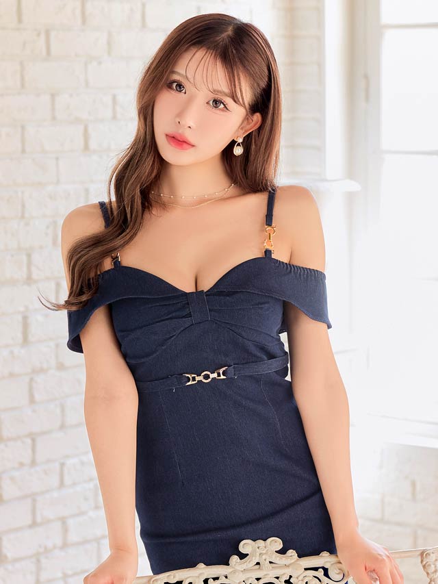 5/21新作!デニムリボンオフショルベルトモチーフタイトミニドレス[XS~L/4サイズ展開][伊藤桃々着用]