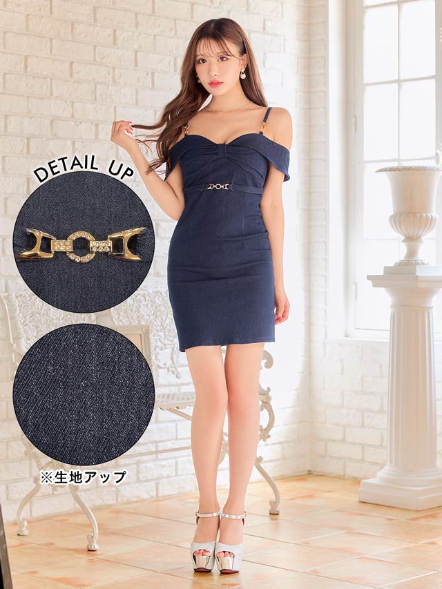 5/21新作!デニムリボンオフショルベルトモチーフタイトミニドレス[XS~L/4サイズ展開][伊藤桃々着用]