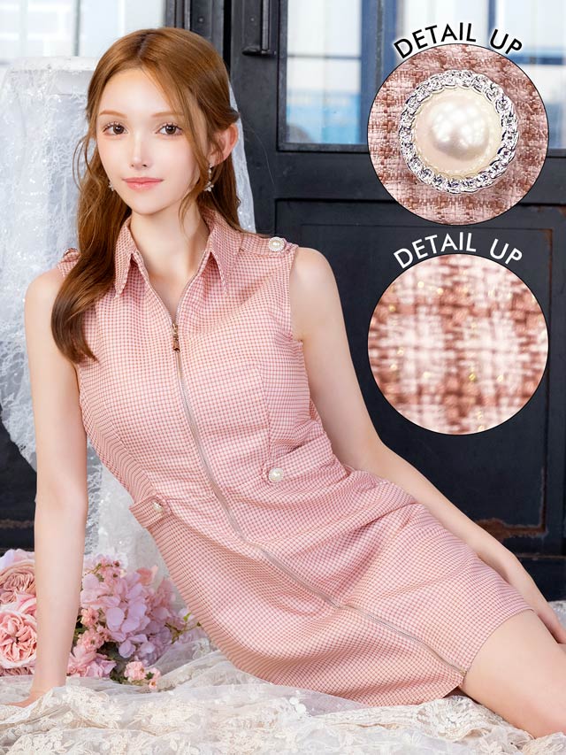 襟付きツイードノースリーブファスナータイトミニドレス[XS~L/4サイズ展開]