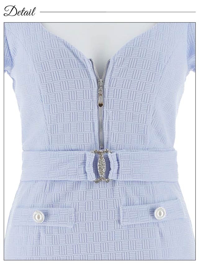 フロントジップビジューバックルベルトモチーフ半袖タイトミニドレス[SML/3サイズ展開]