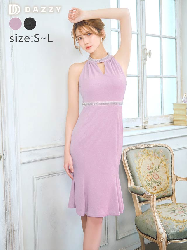 アメスリカットアウトラメパールビジューマーメイド膝丈ドレス[SML/3サイズ展開]