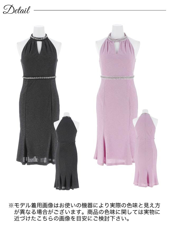 アメスリカットアウトラメパールビジューマーメイド膝丈ドレス[SML/3サイズ展開]