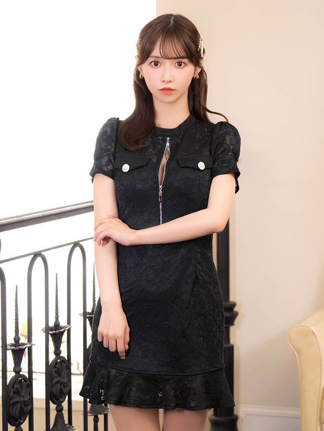 5/21新作!フロントジップオールフラワーレース半袖マーメイドミニドレス[SML/3サイズ展開]