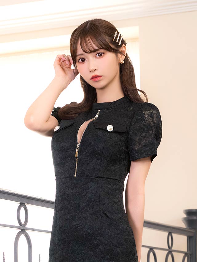 5/21新作!フロントジップオールフラワーレース半袖マーメイドミニドレス[SML/3サイズ展開]