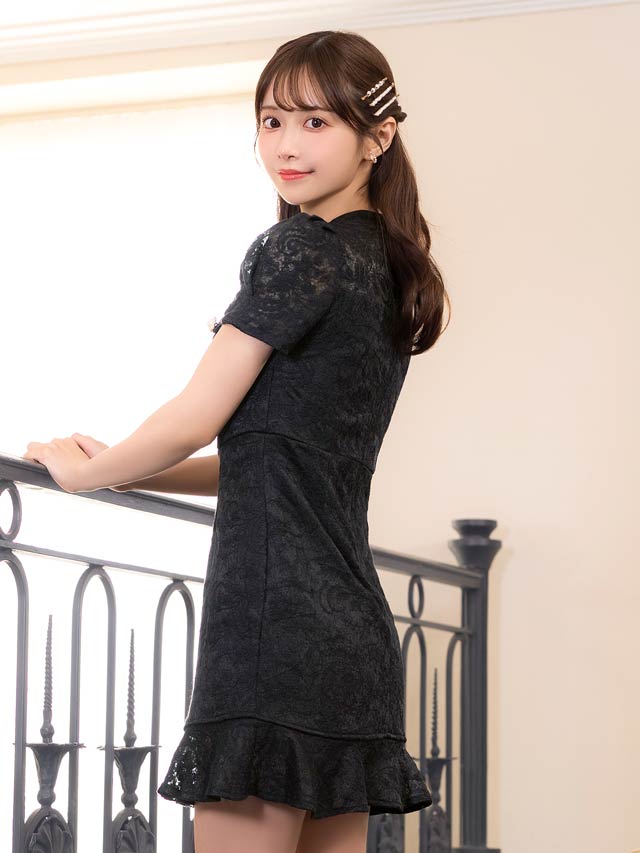 5/21新作!フロントジップオールフラワーレース半袖マーメイドミニドレス[SML/3サイズ展開]