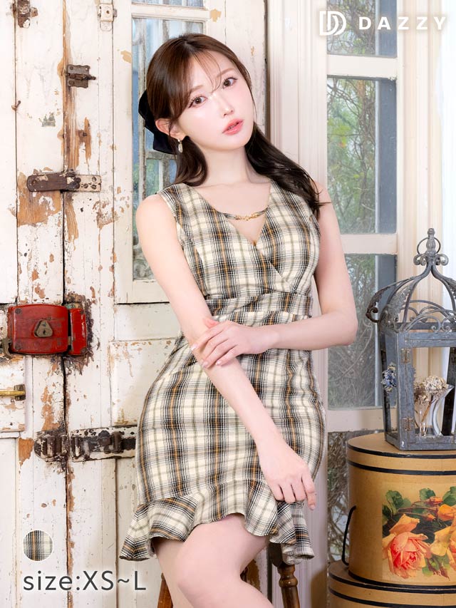 [XS〜Lサイズ]カシュクールオールチェックノースリーブマーメイドミニドレス[4サイズ展開]