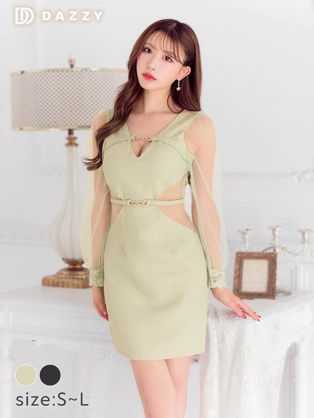 5/19新作!ワッフルウエストシアーベルトモチーフチュール長袖タイトミニドレス[SML/3サイズ展開][伊藤桃々着用]