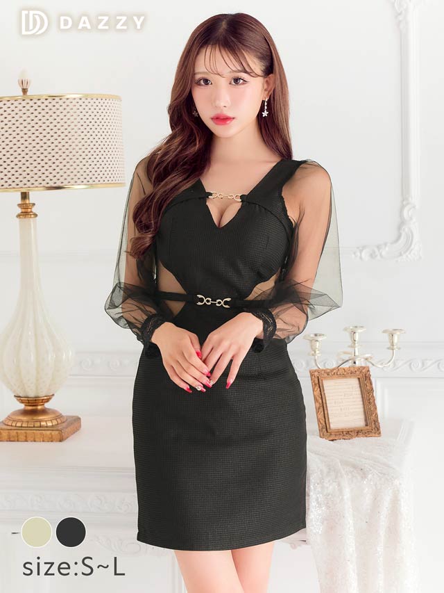 5/19新作!ワッフルウエストシアーベルトモチーフチュール長袖タイトミニドレス[SML/3サイズ展開][伊藤桃々着用]