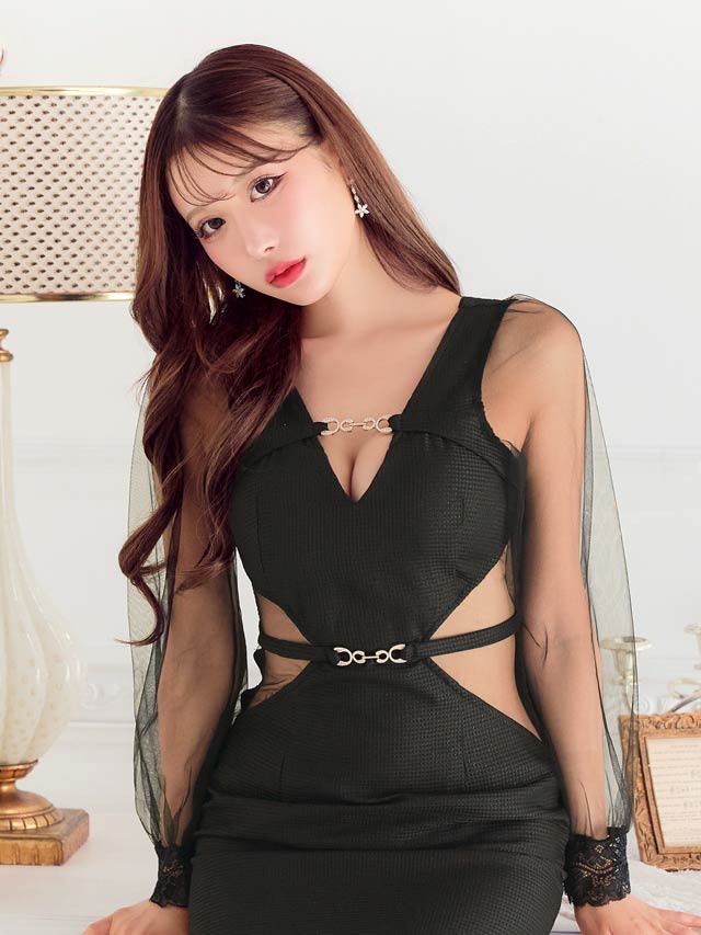 5/19新作!ワッフルウエストシアーベルトモチーフチュール長袖タイトミニドレス[SML/3サイズ展開][伊藤桃々着用]