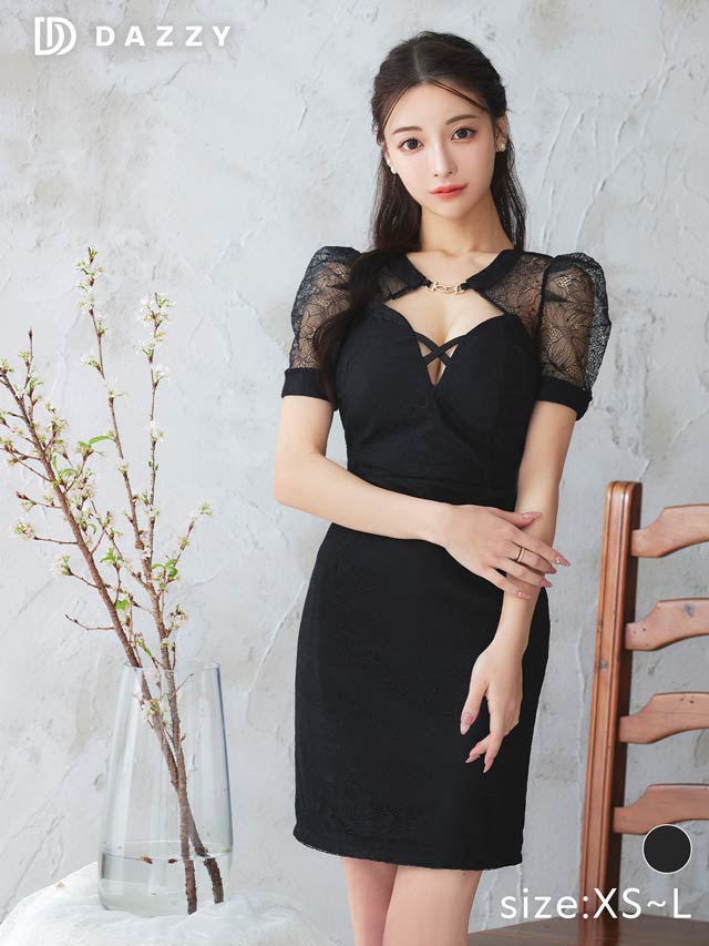 5/30新作!シアーレースクロスコードパフスリーブタイトミニドレス[XS~L/4サイズ展開]