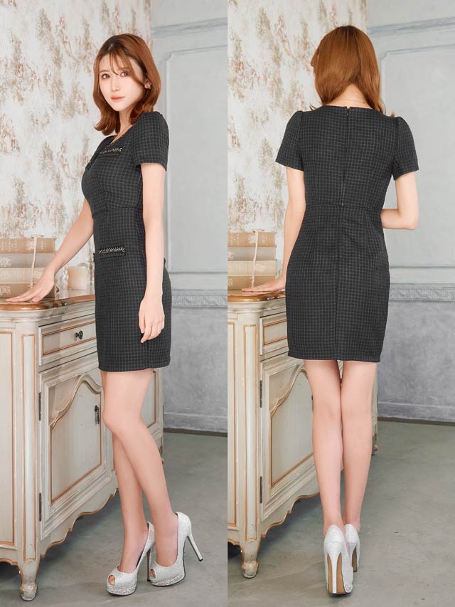 ワッフルツイードVライン半袖タイトミニドレス[SML/3サイズ展開]