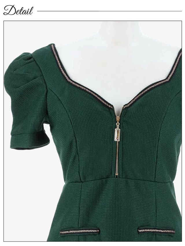 フロントジップチェーンラインパフスリーブタイトミニドレス[SML/3サイズ展開][伊藤桃々着用]