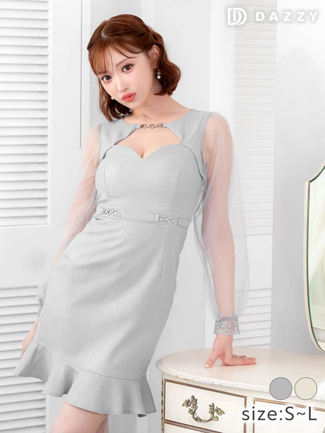 ラメツイード長袖シアーベルトモチーフマーメイドミニドレス[SML/3サイズ展開][明日花キララ着用]