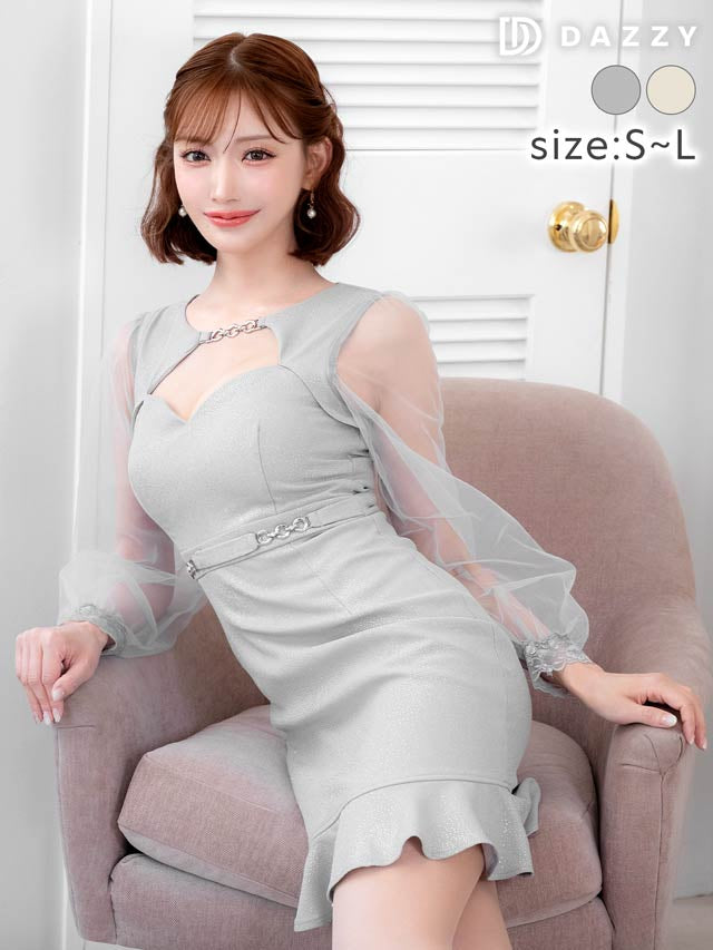 ラメツイード長袖シアーベルトモチーフマーメイドミニドレス[SML/3サイズ展開][明日花キララ着用]