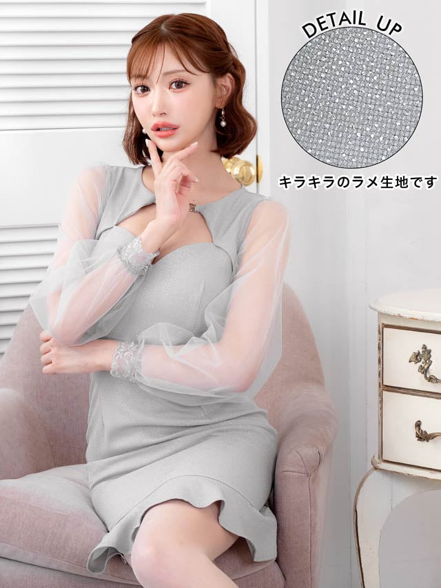 ラメツイード長袖シアーベルトモチーフマーメイドミニドレス[SML/3サイズ展開][明日花キララ着用]