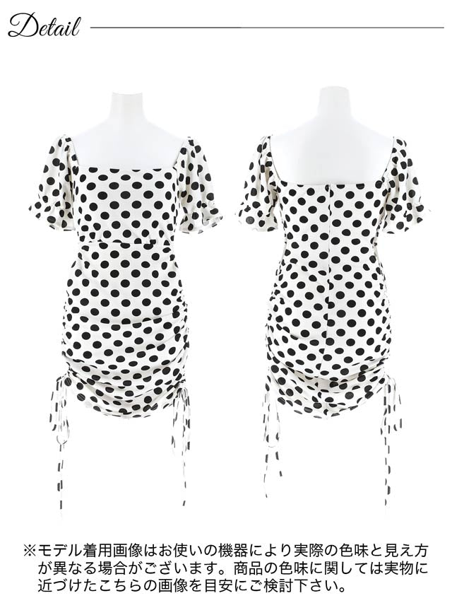 7/25新作!モノトーンドットサイドギャザーカットアウトタイトミニドレス[SML/3サイズ展開][伊藤桃々着用][プチプラドレス]