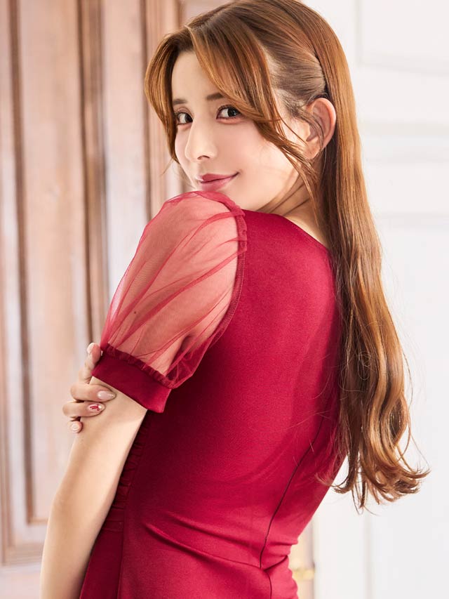 スクエアカシュクールドレープチュール半袖タイトミニドレス[SML/3サイズ展開][プチプラドレス]